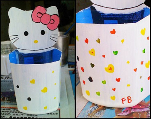 T&#225;i chế vỏ chai nhựa để học c&#225;ch l&#224;m hộp b&#250;t Hello Kitty đ&#225;ng y&#234;u