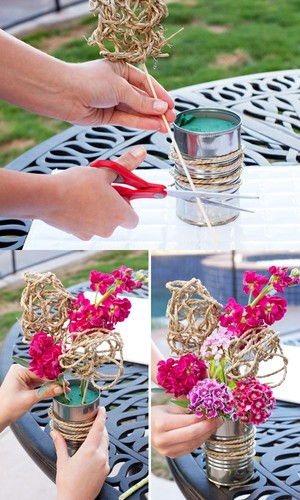 Cắm hoa độc đ&#225;o với vỏ lon v&#224; d&#226;y thừng cho ng&#224;y đầu xu&#226;n